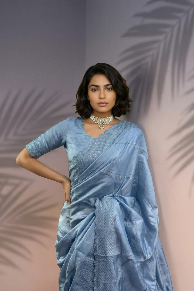 Blue Embroidered Silk Saree (ACA6597)