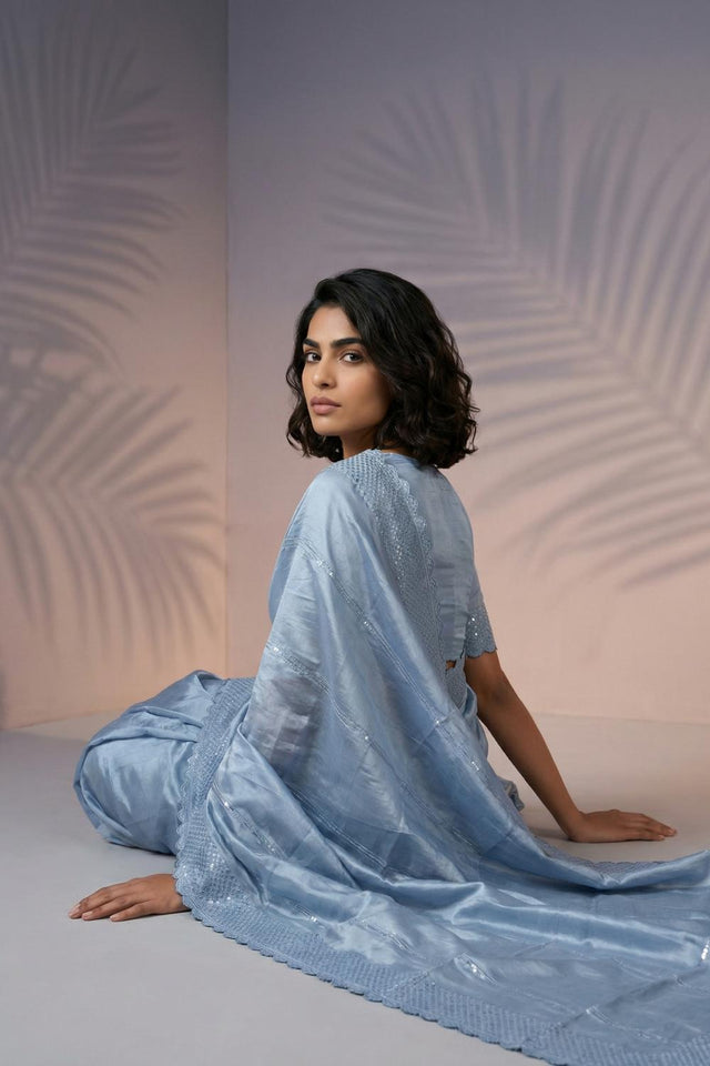 Blue Embroidered Silk Saree (ACA6597)