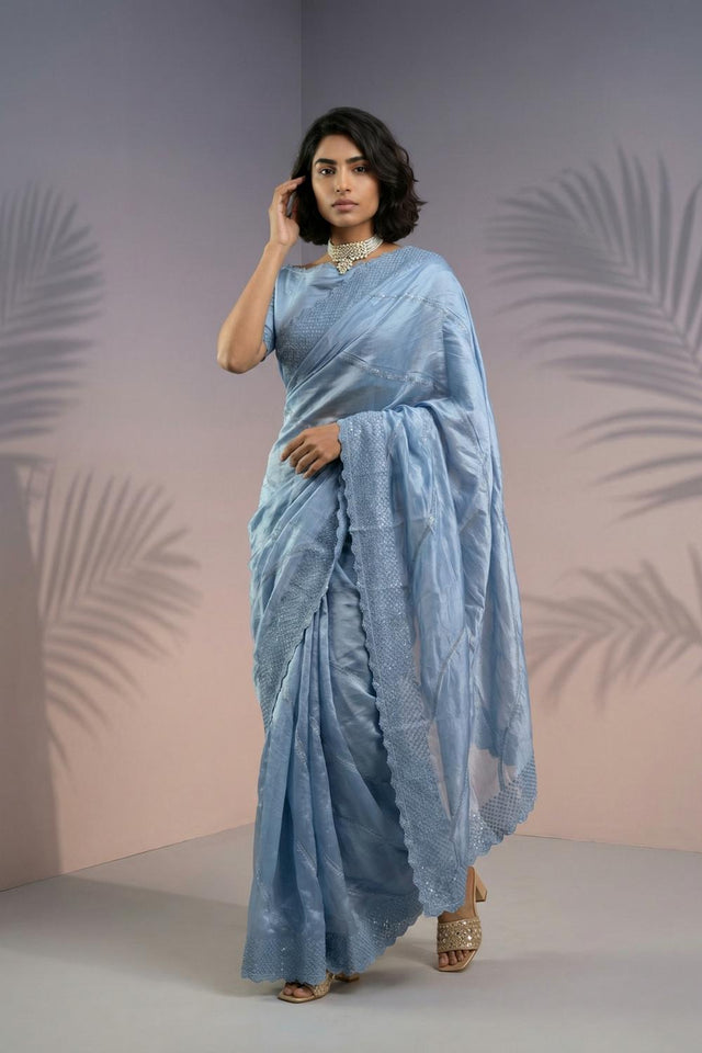 Blue Embroidered Silk Saree (ACA6597)