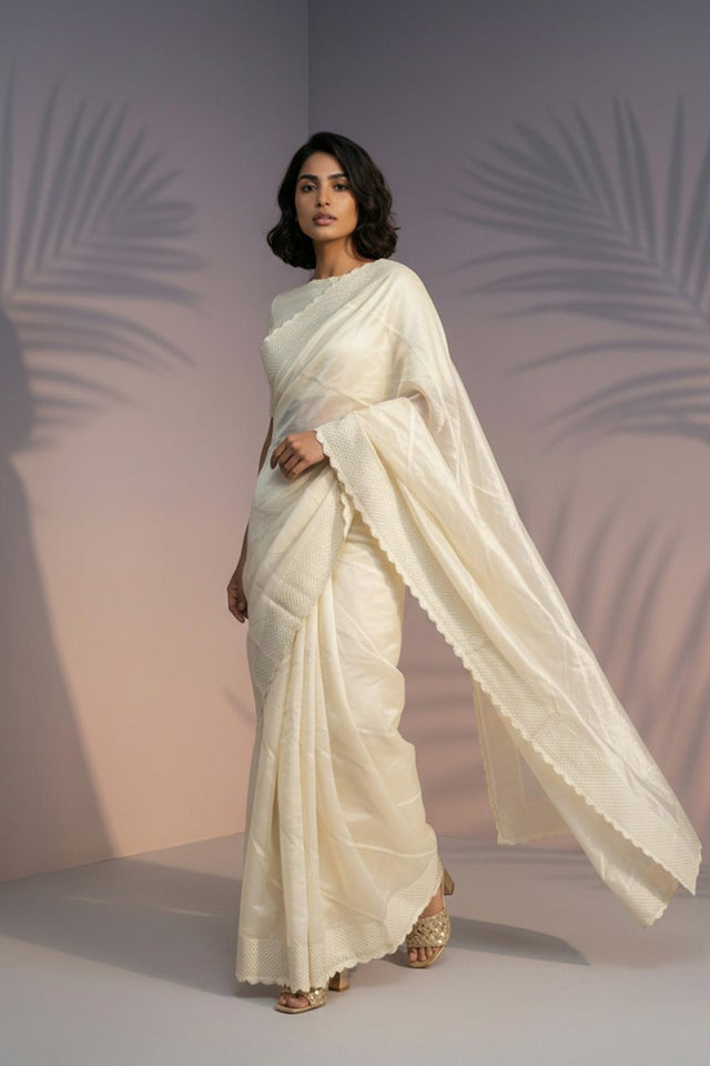 Cream Embroidered Silk Saree (ACA6599)