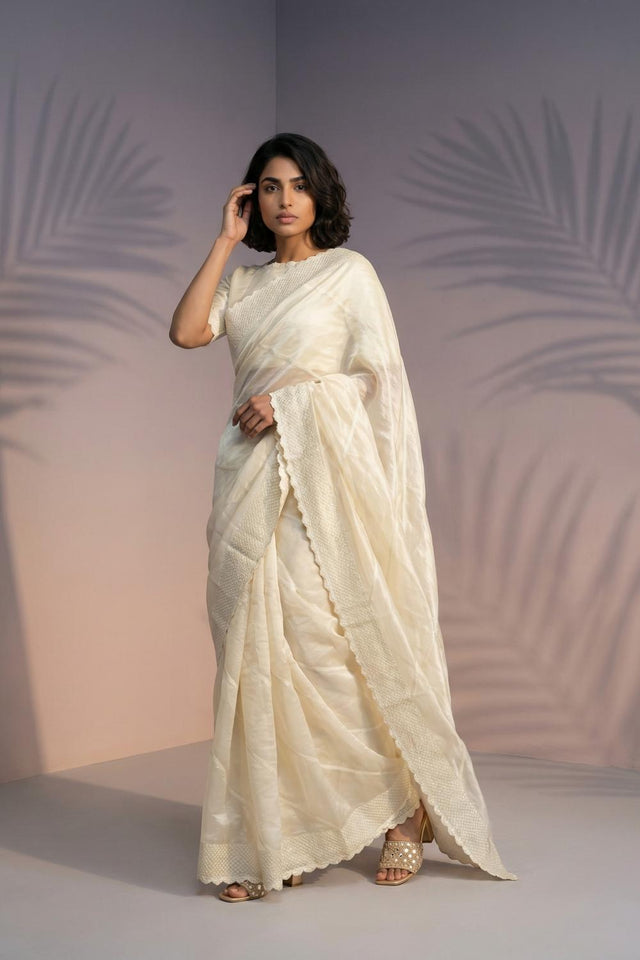 Cream Embroidered Silk Saree (ACA6599)