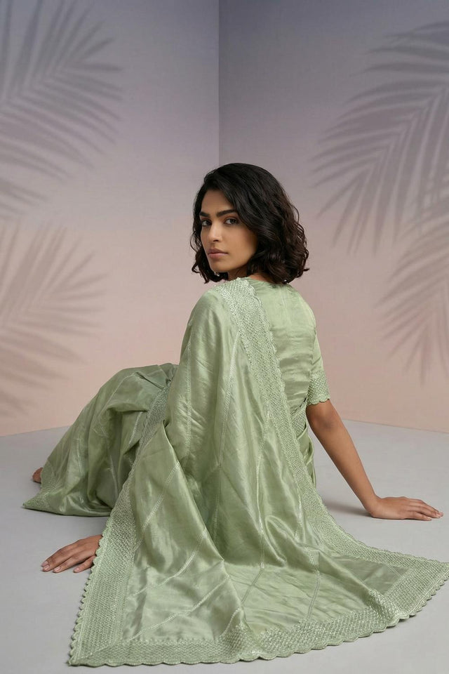 Green Embroidered Silk Saree (ACA6603)
