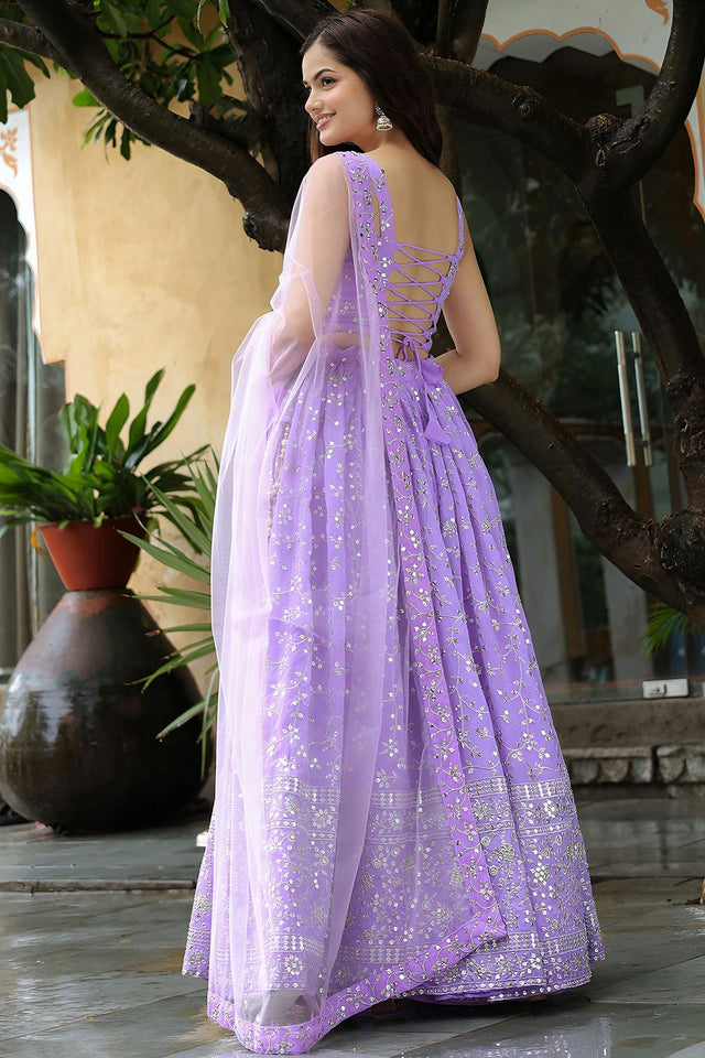 Lavender Sequin with Floral Embroidered Georgette Lehenga (ACA6613)