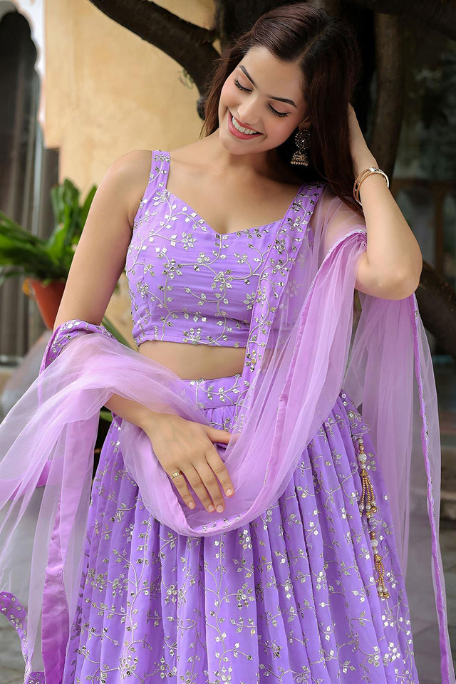 Lavender Sequin with Floral Embroidered Georgette Lehenga (ACA6613)
