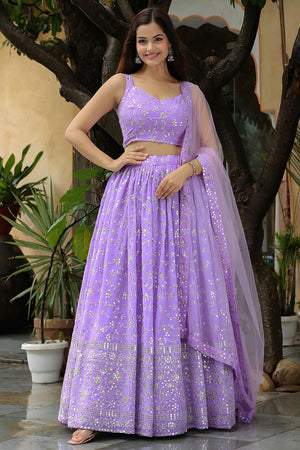 Lavender Sequin with Floral Embroidered Georgette Lehenga (ACA6613)