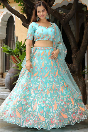 Blue Embroidered Net Lehenga (ACA6615)