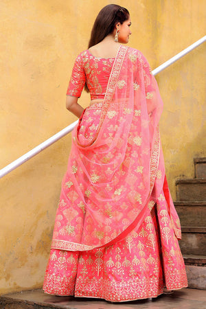 Peach Embroidered Silk Lehenga (ACA6616)