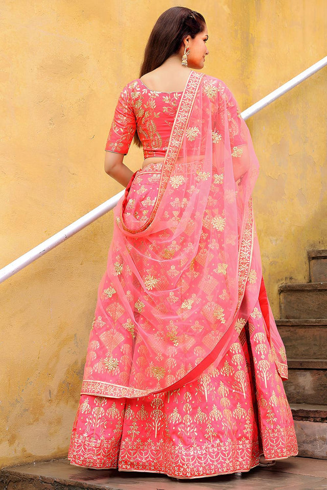 Peach Embroidered Silk Lehenga (ACA6616)