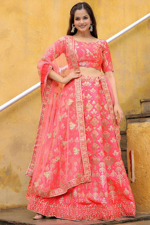 Peach Embroidered Silk Lehenga (ACA6616)