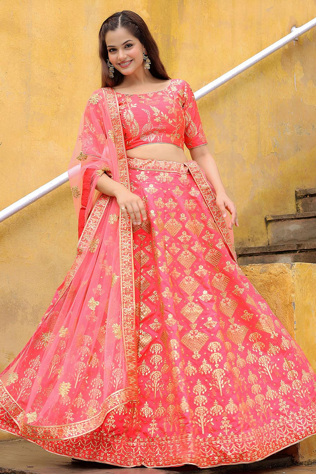 Peach Embroidered Silk Lehenga (ACA6616)