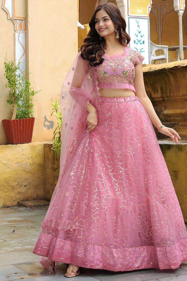 Pink Sequin Net Lehenga (ACA6617)