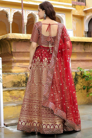 Maroon Floral Embroidered Silk Lehenga (ACA6618)