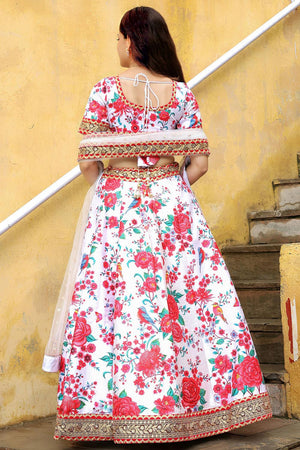 White Floral Printed with Embroidered Art Silk Lehenga (ACA6619)