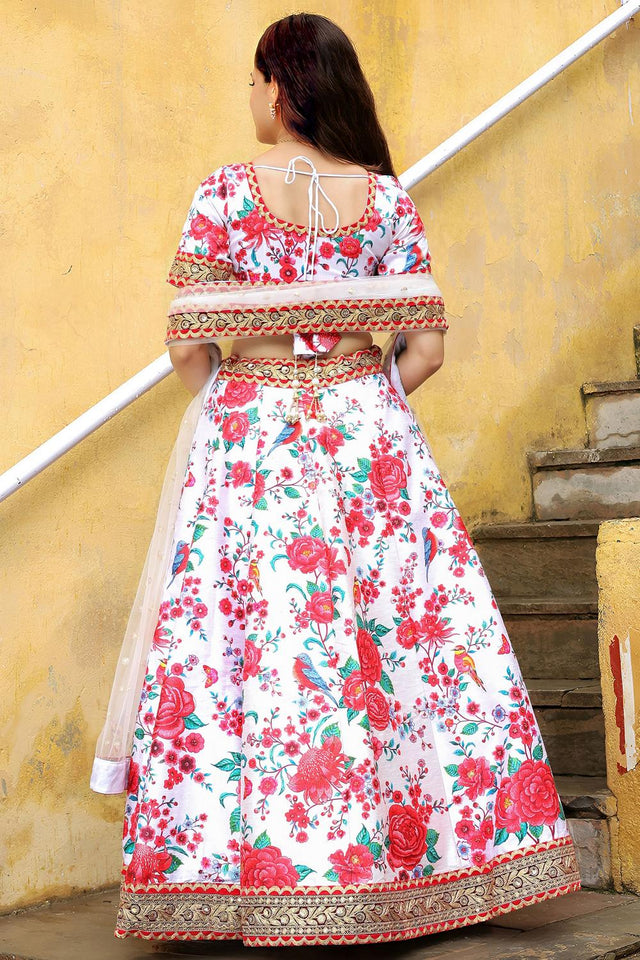 White Floral Printed with Embroidered Art Silk Lehenga (ACA6619)