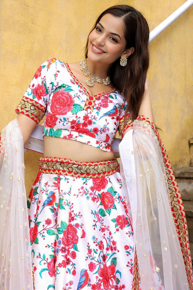 White Floral Printed with Embroidered Art Silk Lehenga (ACA6619)