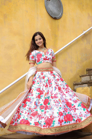White Floral Printed with Embroidered Art Silk Lehenga (ACA6619)