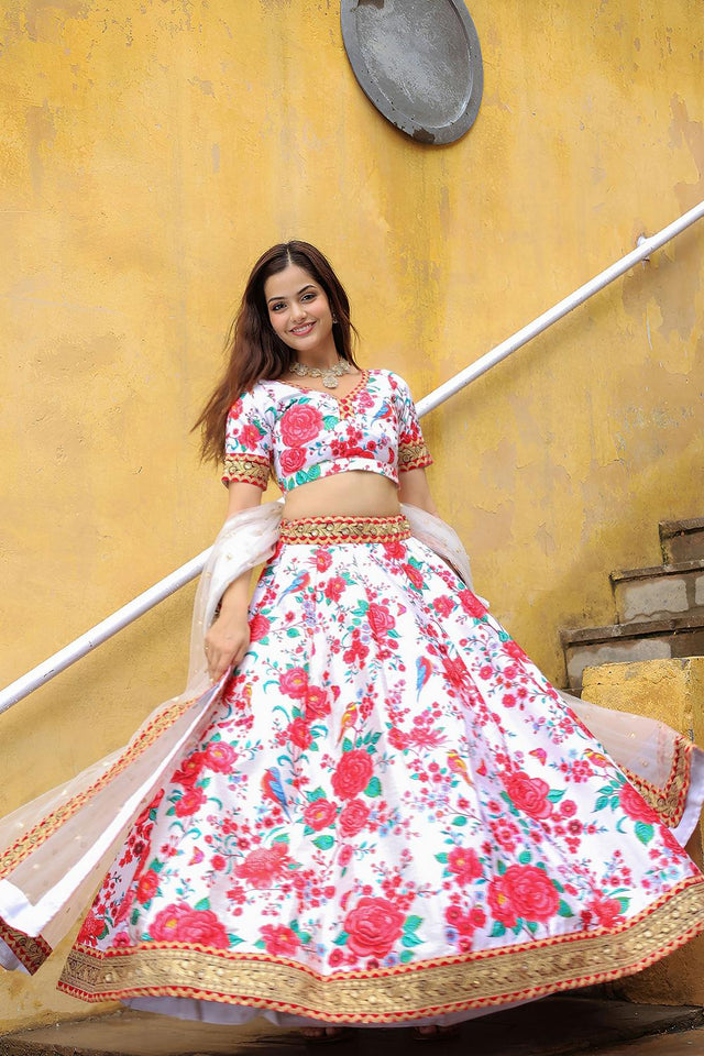 White Floral Printed with Embroidered Art Silk Lehenga (ACA6619)