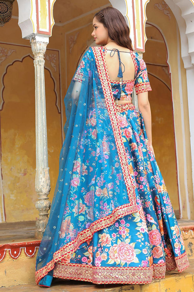 Blue Floral Printed with Embroidered Art Silk Lehenga (ACA6620)