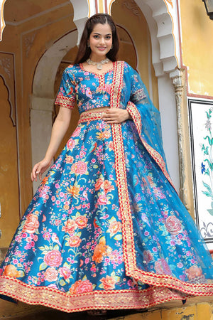 Blue Floral Printed with Embroidered Art Silk Lehenga (ACA6620)