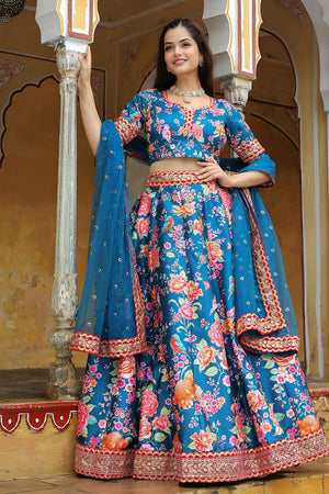 Blue Floral Printed with Embroidered Art Silk Lehenga (ACA6620)