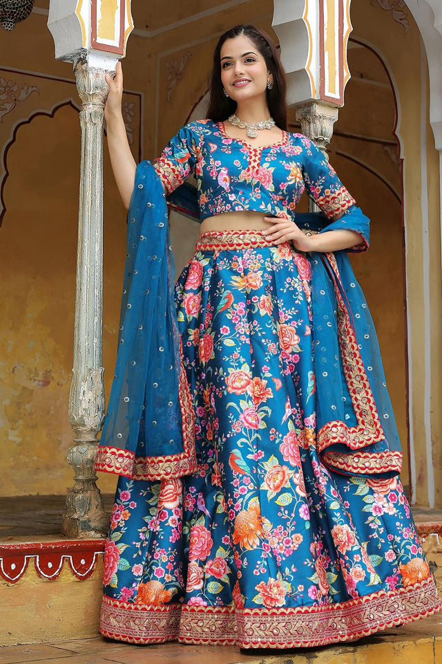 Blue Floral Printed with Embroidered Art Silk Lehenga (ACA6620)