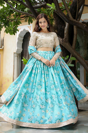 Beige Floral Printed with Embroidered Organza Lehenga (ACA6621)