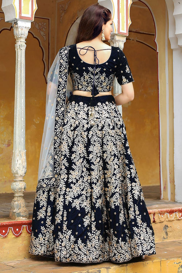 Blue Floral Embroidered Velvet Lehenga (ACA6622)