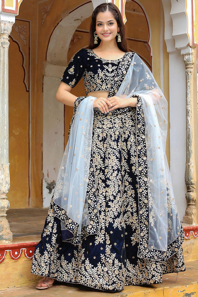 Blue Floral Embroidered Velvet Lehenga (ACA6622)
