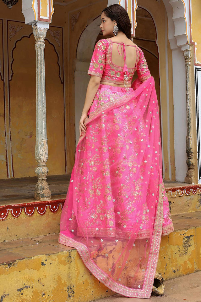 Pink Sequin with Floral Embroidered Silk Lehenga (ACA6623)