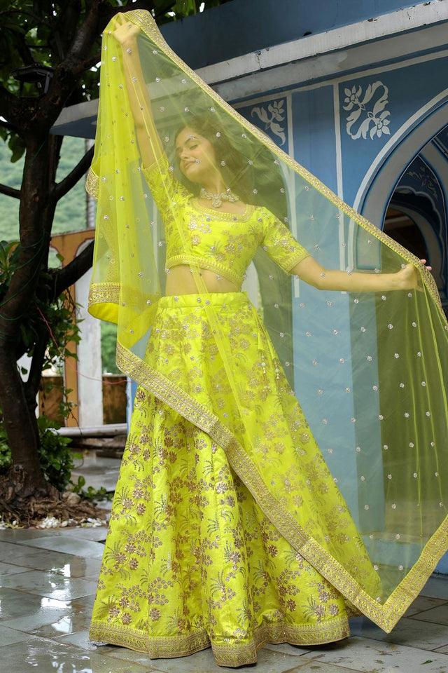 Yellow Sequin with Floral Embroidered Silk Lehenga (ACA6624)