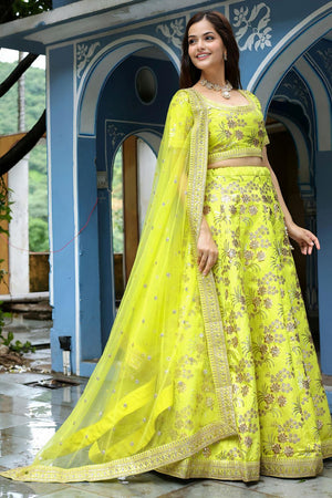 Yellow Sequin with Floral Embroidered Silk Lehenga (ACA6624)
