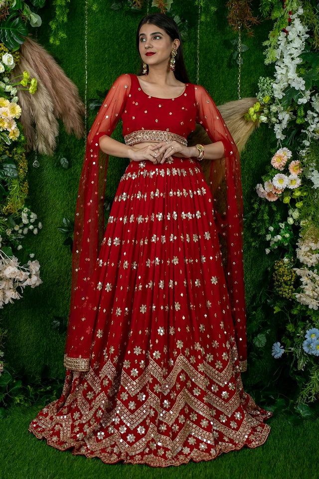 Red Sequin Georgette Lehenga (ACA6640)