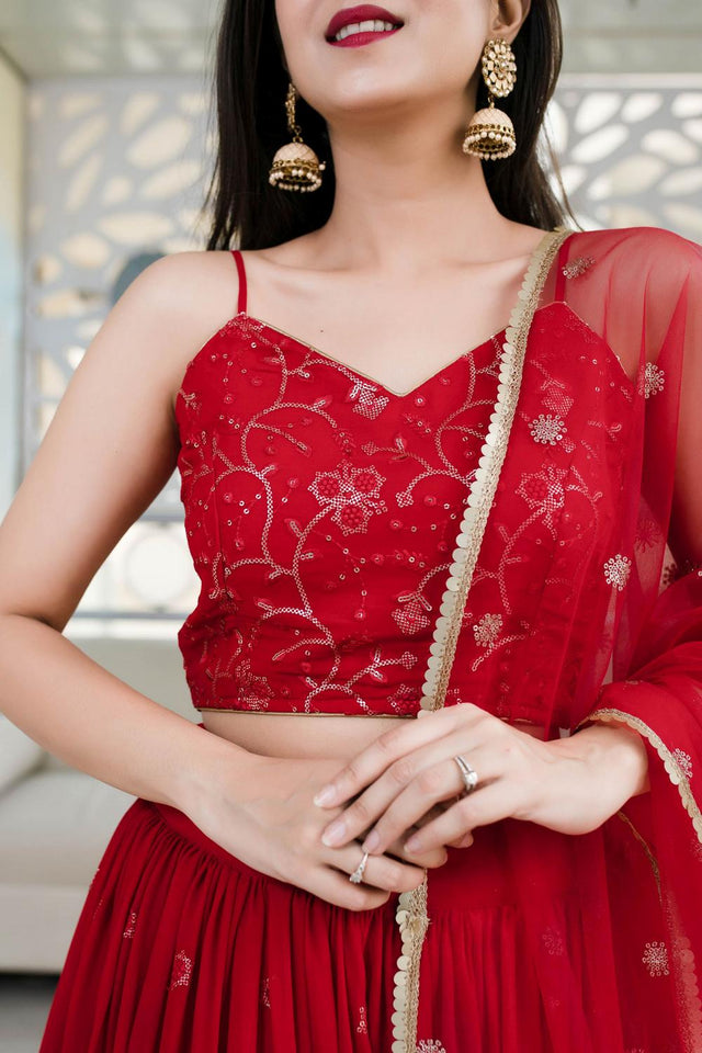 Red Sequin Georgette Lehenga (ACA6644)