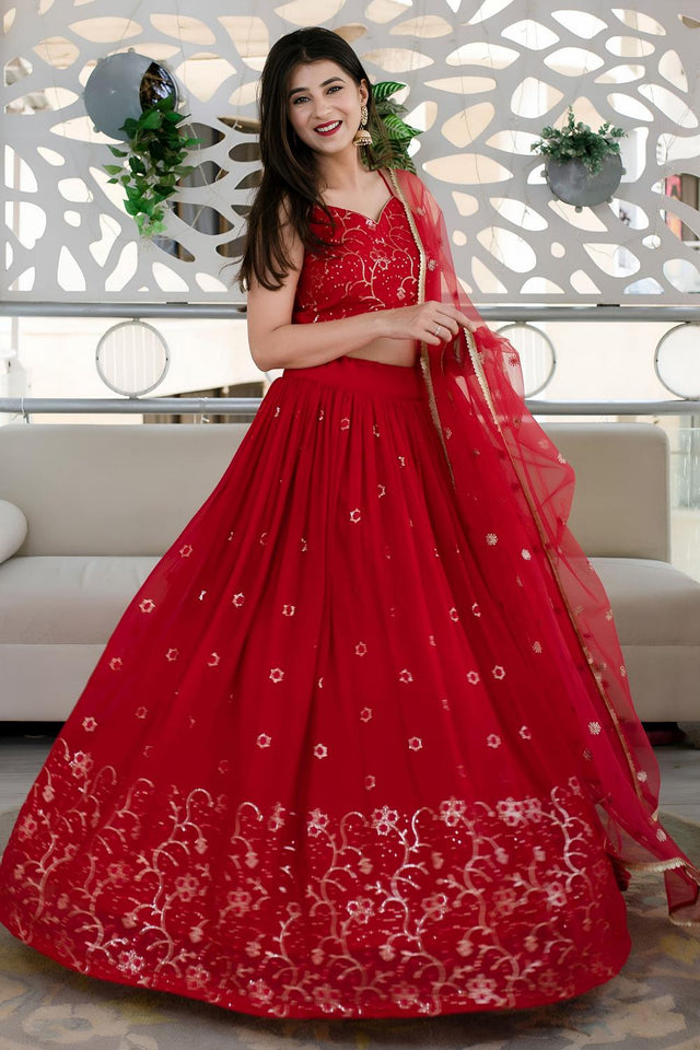 Red Sequin Georgette Lehenga (ACA6644)