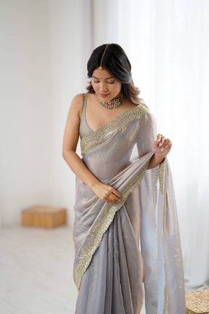 Beige Embroidered Silk Saree (ACA6659)