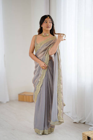 Beige Embroidered Silk Saree (ACA6659)