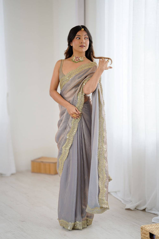 Beige Embroidered Silk Saree (ACA6659)