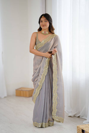 Beige Embroidered Silk Saree (ACA6659)