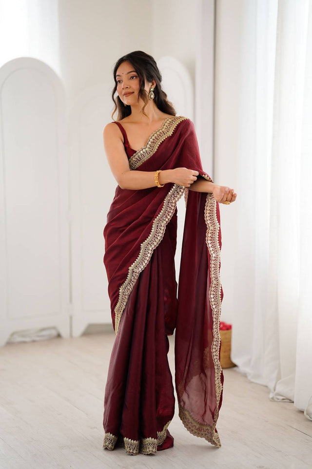 Maroon Embroidered Silk Saree (ACA6661)