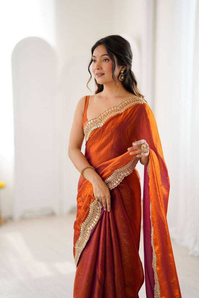 Orange Embroidered Silk Saree (ACA6662)