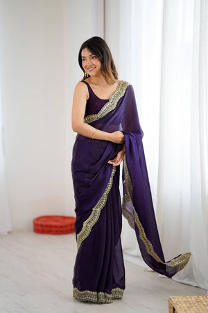 Violet Embroidered Silk Saree (ACA6664)