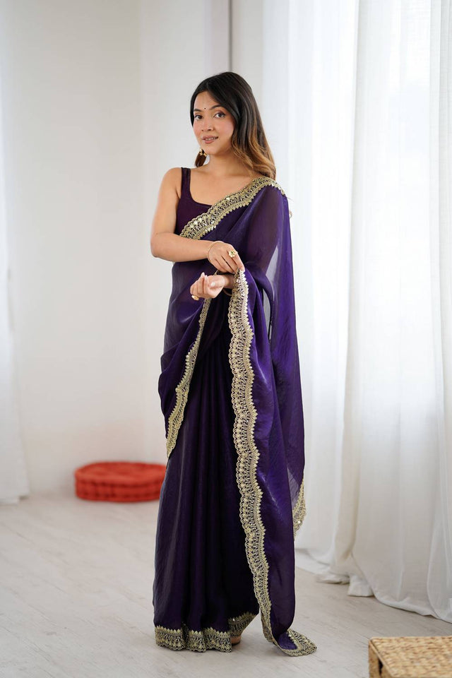 Violet Embroidered Silk Saree (ACA6664)