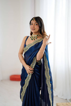 Turquoise Embroidered Silk Saree (ACA6665)