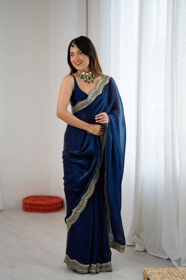 Turquoise Embroidered Silk Saree (ACA6665)