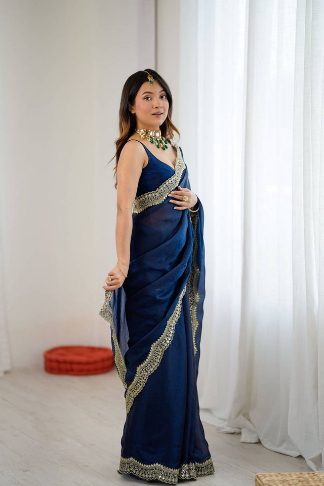 Turquoise Embroidered Silk Saree (ACA6665)