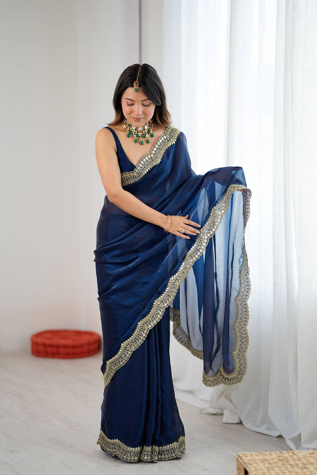 Turquoise Embroidered Silk Saree (ACA6665)