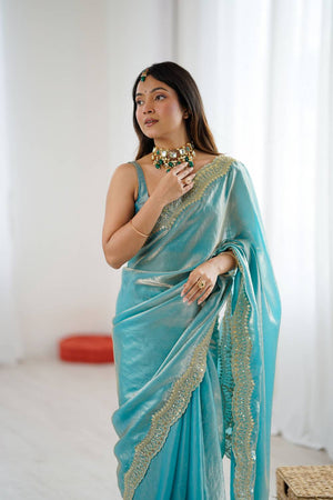 Blue Embroidered Silk Saree (ACA6666)