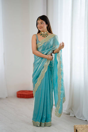 Blue Embroidered Silk Saree (ACA6666)