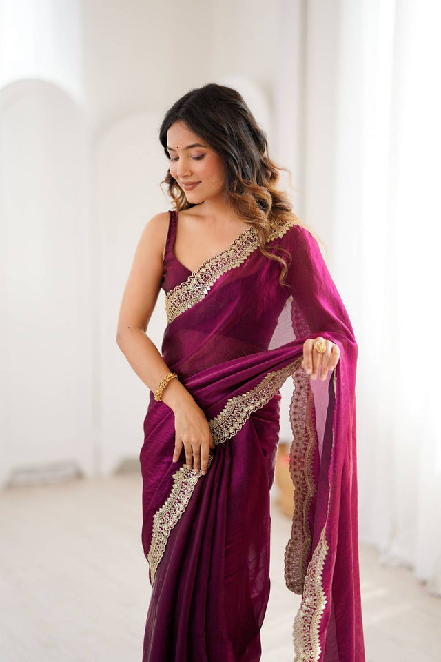 Wine Embroidered Silk Saree (ACA6667)