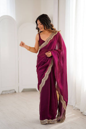 Wine Embroidered Silk Saree (ACA6667)